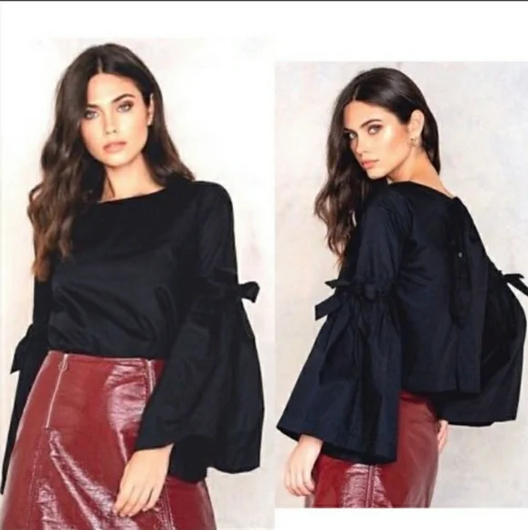 Free People So Obviously Yours poplin bell sleeve blouse bow details & buttons - Picture 15 of 15